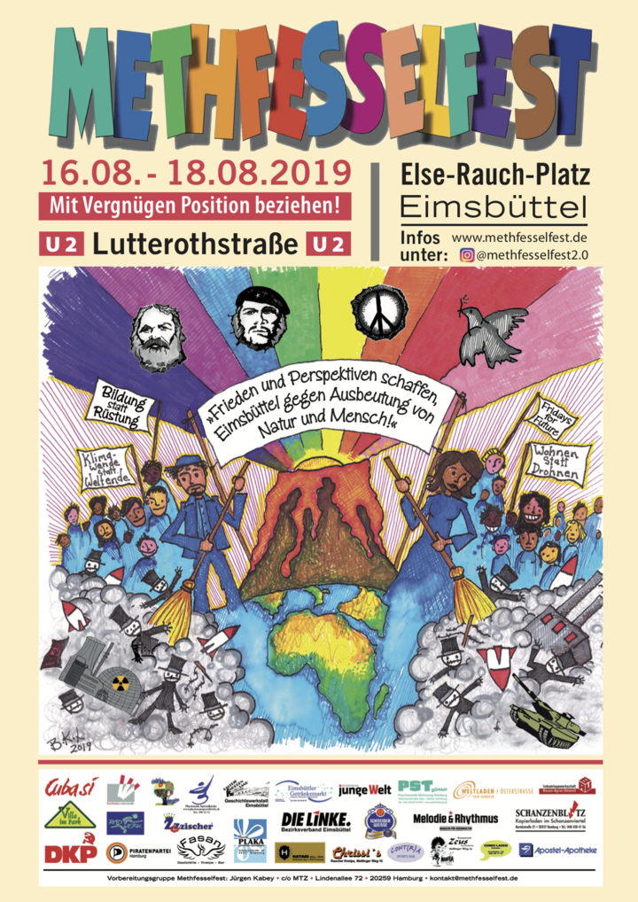 Methfesselfest 2019, Frieden und Perspektiven schaffen. Eimsbüttel gegen Ausbeutung von Natur und Mensch! Methfesselfest 2019, Frieden und Perspektiven schaffen. Eimsbüttel gegen Ausbeutung von Natur und Mensch!