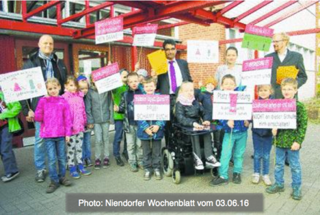 Glückwunsch, es lohnt sich zu kämpfen. Die Inklusionsschule Moorflagen muß vorerst ihre Räume nicht abgeben. Foto: cs, Niendorfer Wochenblatt